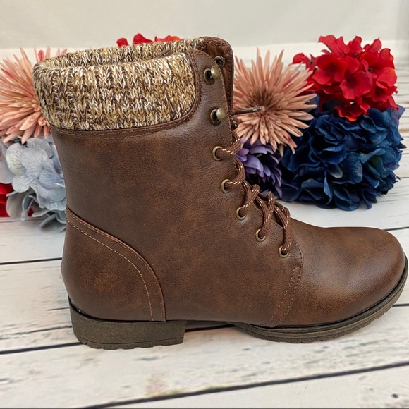 Brown Sweater Cuff Lace Up Ankle Boot - Picture 9 of 15